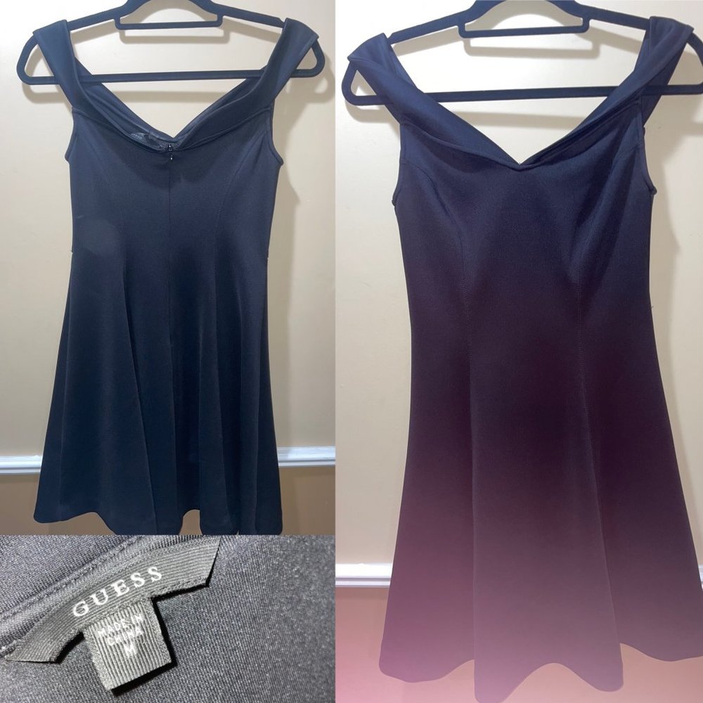 Guess Fit & Flare Black Dress with Portrait Neckline